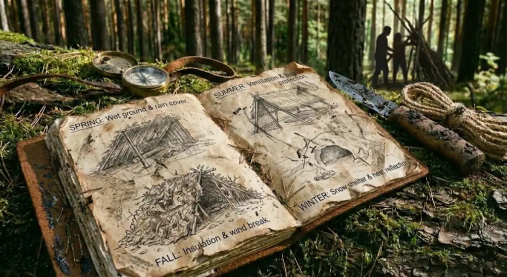 Open sketchbook with shelter building notes and sketches in forest setting.