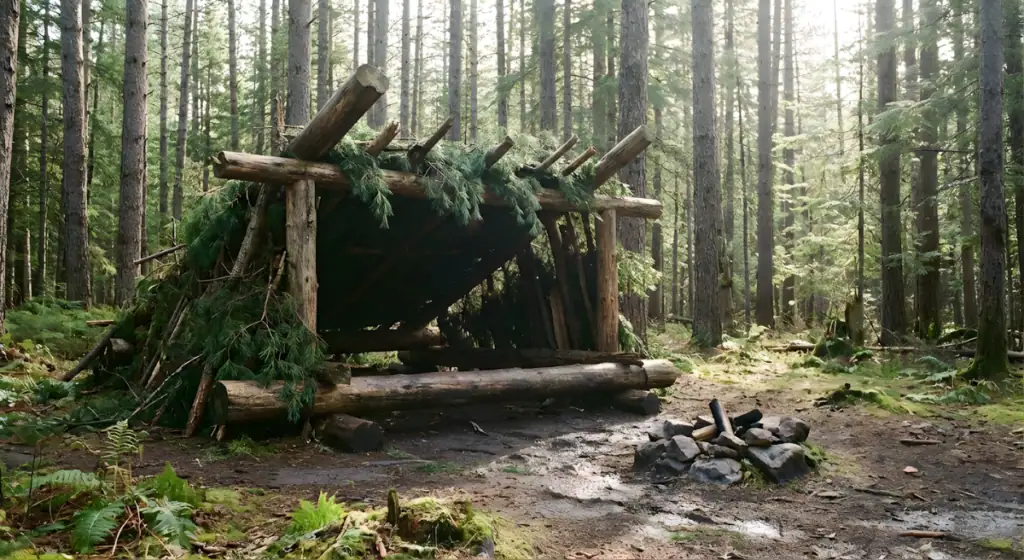 Primitive shelter built with logs and branches in a forest setting.