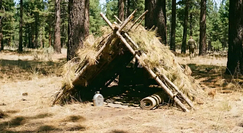 Primitive shelter built with logs and natural materials in forest setting.