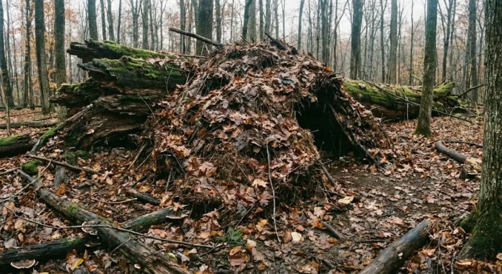 Primitive shelter built from fallen logs and leaves in a forest setting.