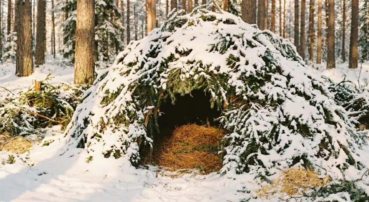 Snow-covered primitive shelter made from natural materials in winter forest.