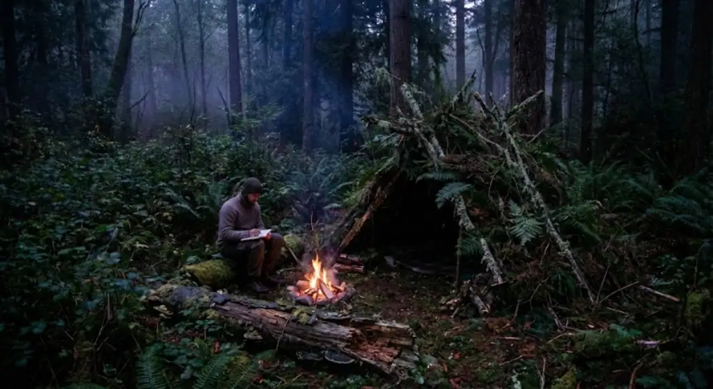 Person building a primitive shelter in a forest for survival and microsteading.