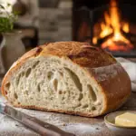 An Easy Sourdough Bread Recipe for a Perfect Loaf Every Time Freshly baked rustic bread on a wooden table with butter and a cozy fireplace in the background.