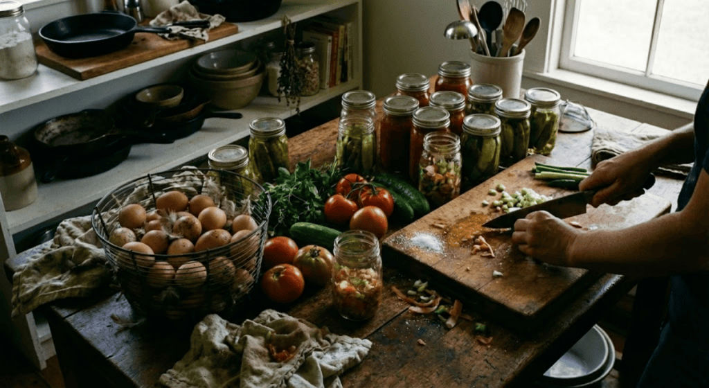 Farmcore kitchen, canning tomatoes, rustic aesthetic.