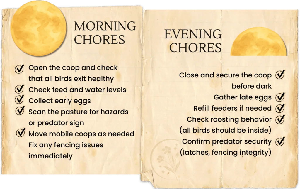 Common morning and evening chores for homesteaders raising chickens for eggs