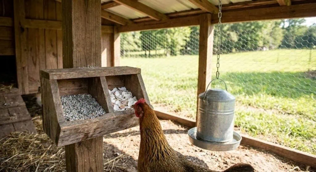 Coop interior with water, feed, straw