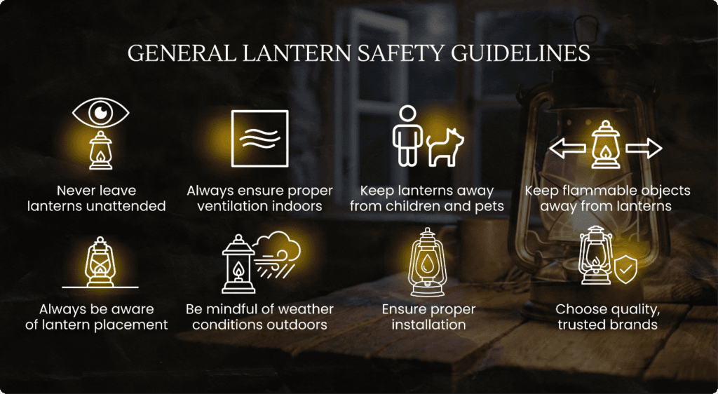 Illustration of lantern safety tips for off-grid living and power outage preparedness.