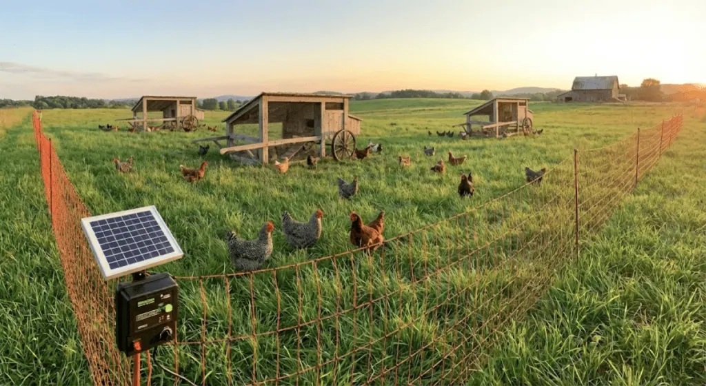 Electric poultry netting around a pasture-raised chicken flock on a small homestead