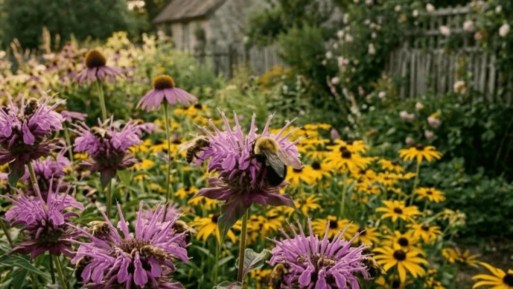 Fuzzy bumblebees are especially drawn to the shallow, nectar-rich blooms of bee balm and other mint family plants.