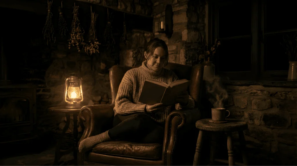 Woman reading a book by lantern light in a rustic stone cabin.