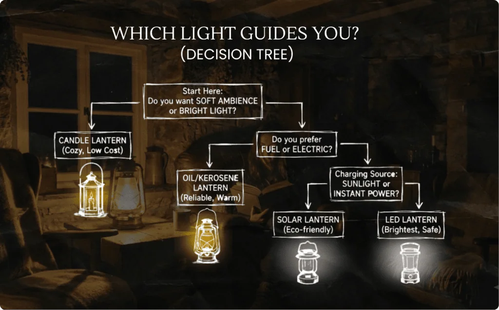 Light guide decision tree for choosing candle, solar, or LED lanterns for off-grid living.