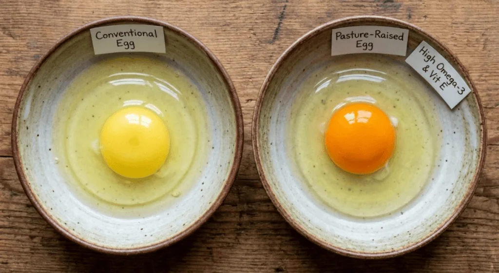 A side-by-side comparison of conventional vs. pasture-raised eggs