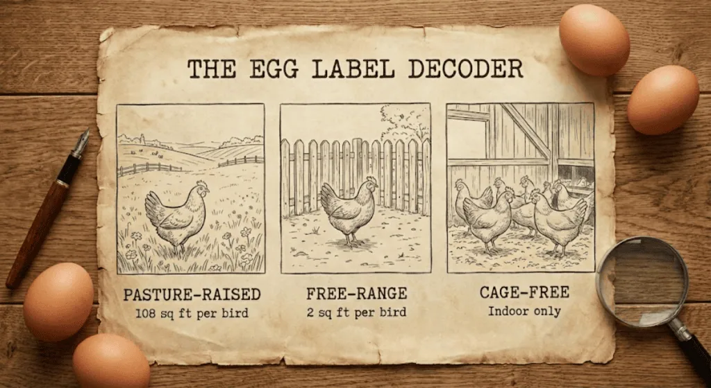 Side-by-side comparison of pasture-raised, free-range, and cage-free egg carton labels