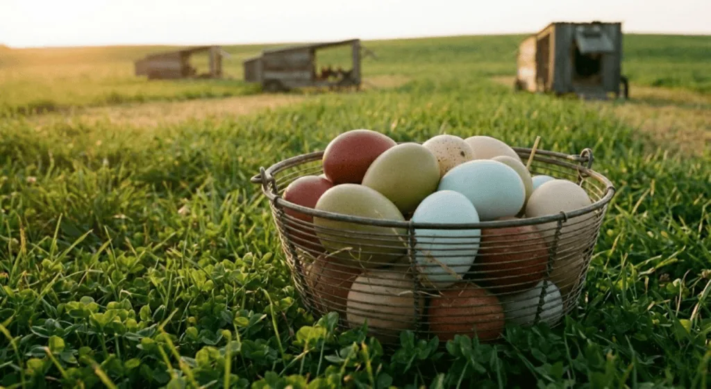 A closeup of colorful, fresh eggs in a wire basket on a pasture
