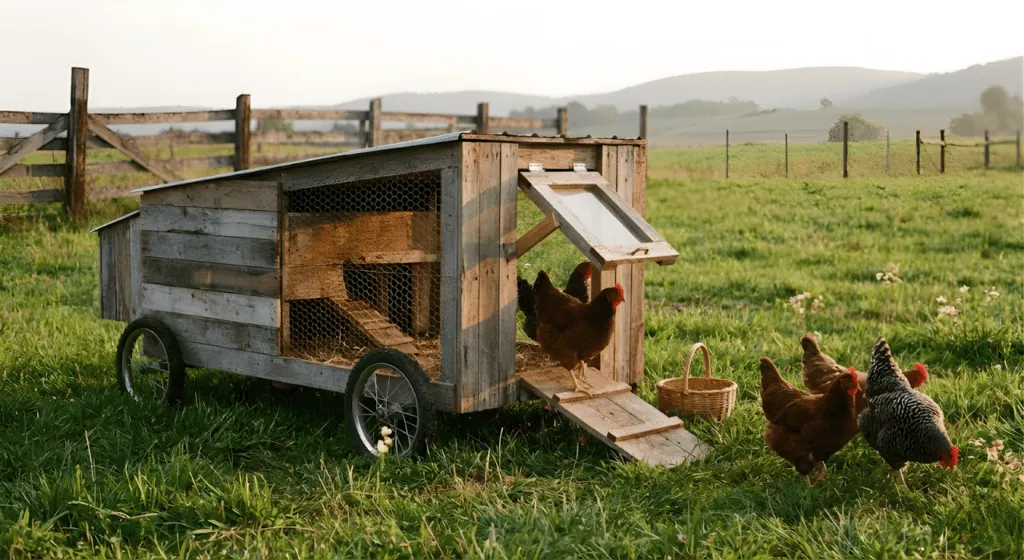 A mobile chicken coop, also called a chicken tractor, in spring