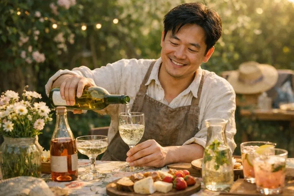 Smiling man pouring wine at a cozy outdoor microsteading garden gathering with fresh produce and dri.