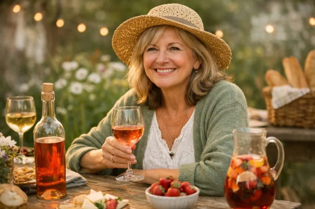 A woman enjoying wine outdoors at sunset with food and drinks on a rustic table.