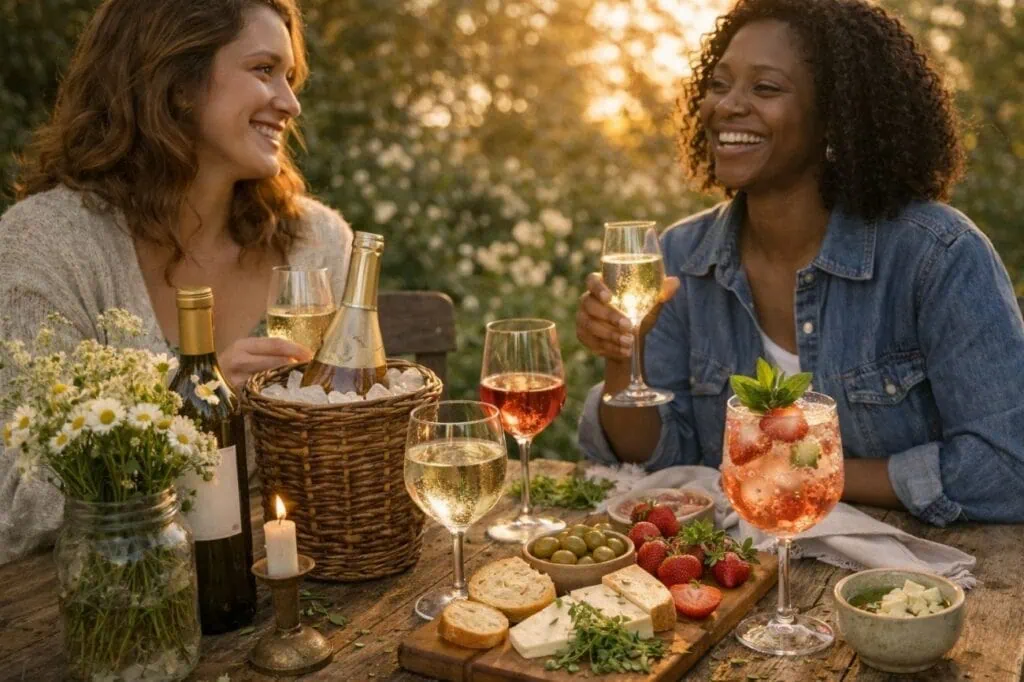 Outdoor dinner party with friends, wine, and snacks in a garden setting.