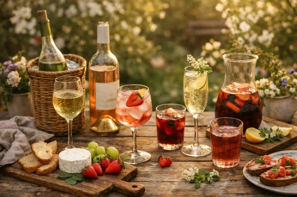 Elegant outdoor summer drink setup with wine, cocktails, and fresh fruit.