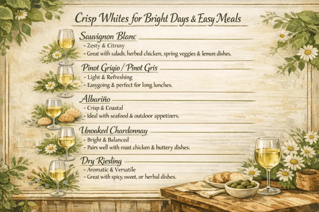 Wine and food pairing menu with white wine glasses and cheese platter.