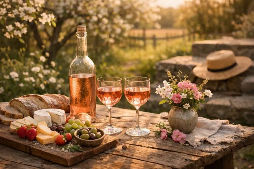 Rustic outdoor table with wine, cheese, fruit, and flowers in a natural setting.