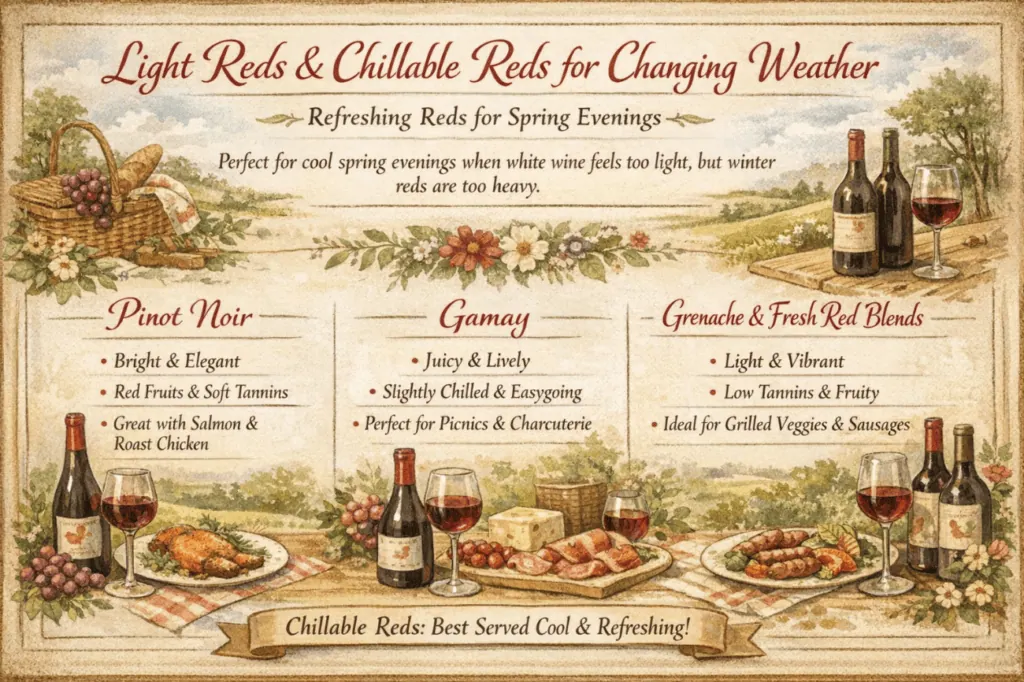 Vintage wine and food pairing chart highlighting light reds and chillable reds for spring and winter.