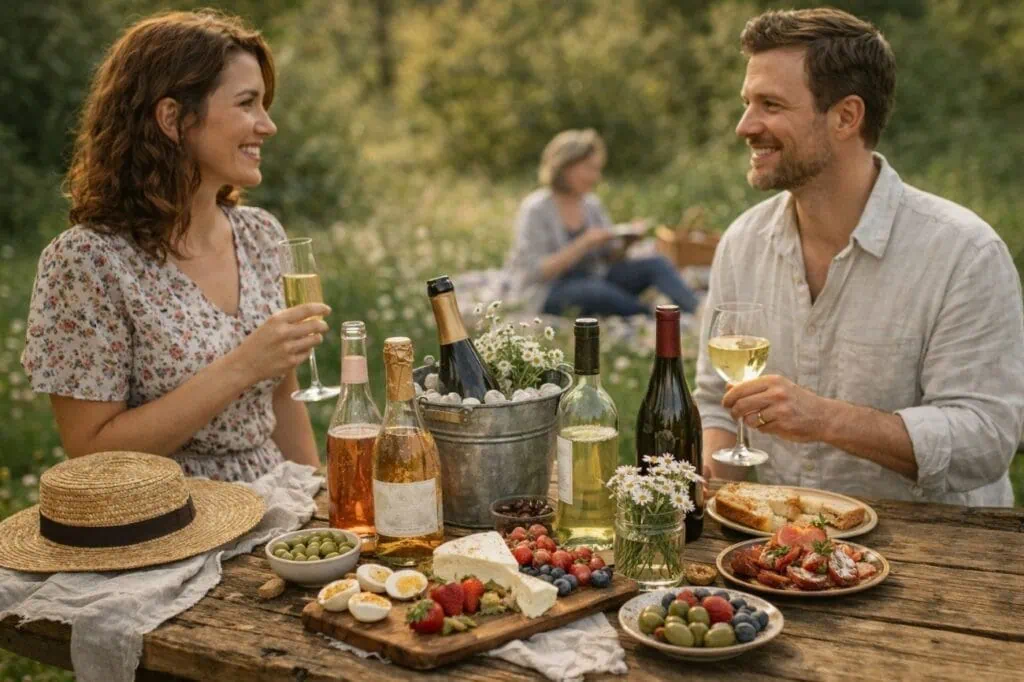 Happy couple enjoying a microsteading outdoor picnic with wine and snacks in a natural setting.