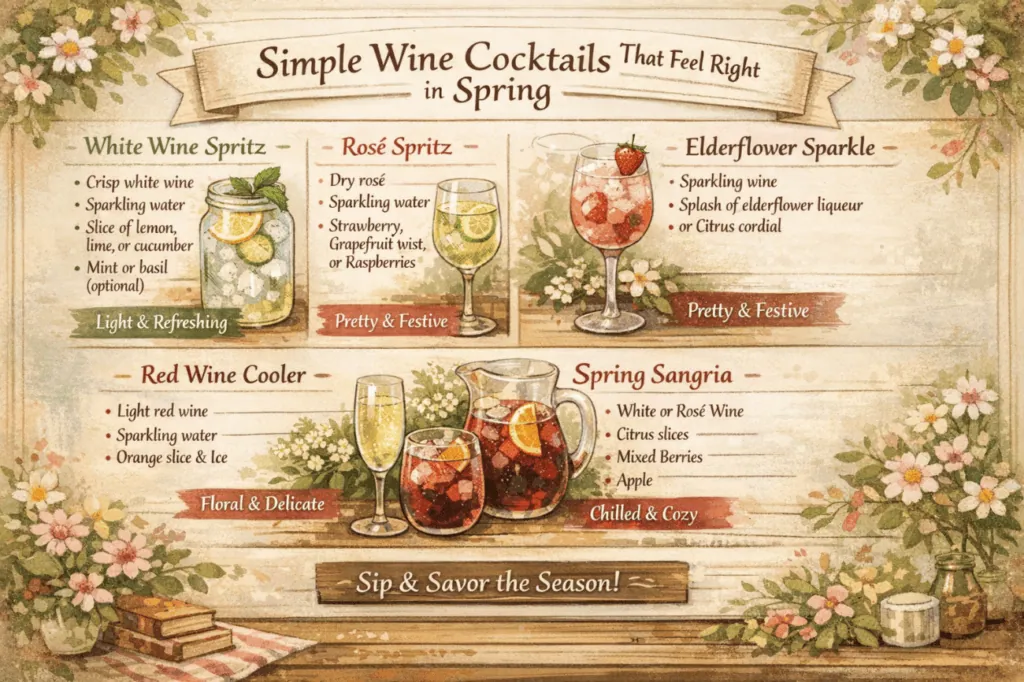 Spring wine cocktails with fresh fruit and floral garnishes for cozy microsteading gatherings.