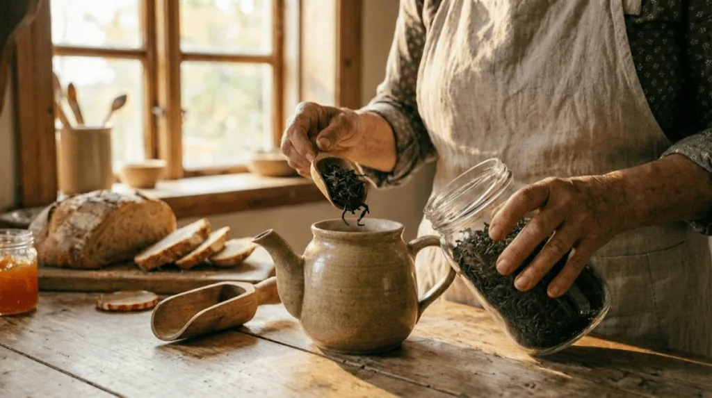 Person pouring loose tea into a teapot in a rustic kitchen setting.