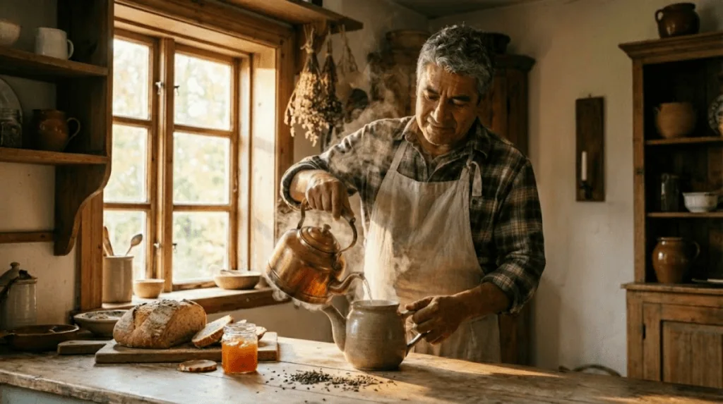 Man pouring tea in a cozy rustic kitchen with wooden shelves and sunlight.