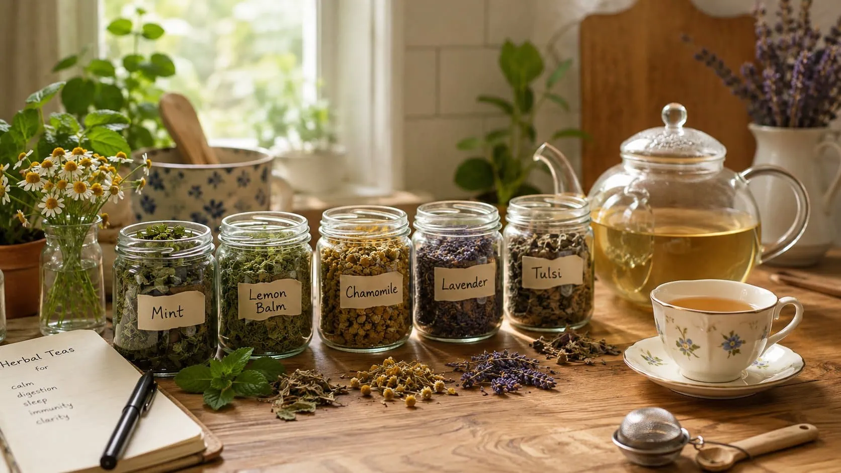 Herbs drying in jars on a rustic kitchen table for herbal preservation.
