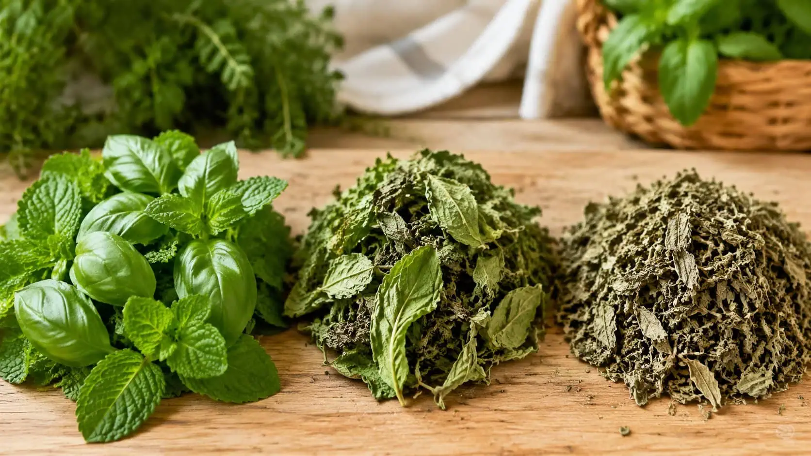 A close-up comparison of home-dried herbs showing three stages side by side on a wooden kitchen surface: fresh mint and