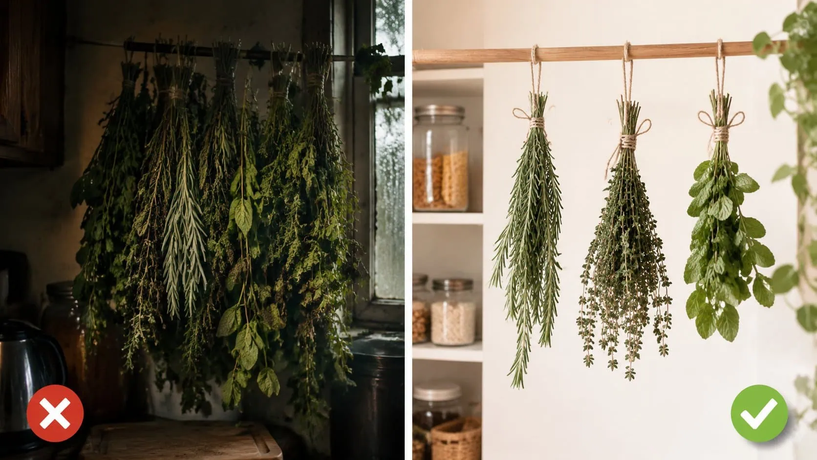 Herbs hanging to dry in a cozy cottage kitchen for herbal preservation.