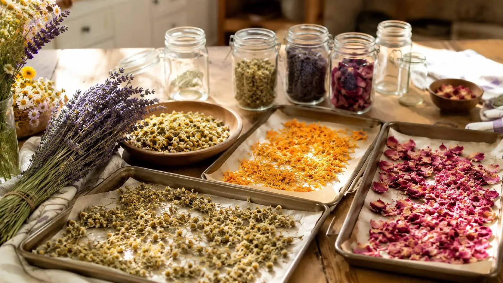 Herbs drying on trays with jars of dried flowers and herbs.