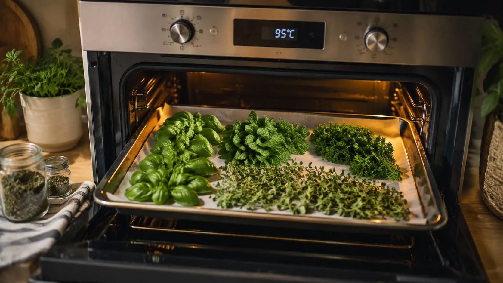 Herbs drying on a baking sheet in an oven for preservation.