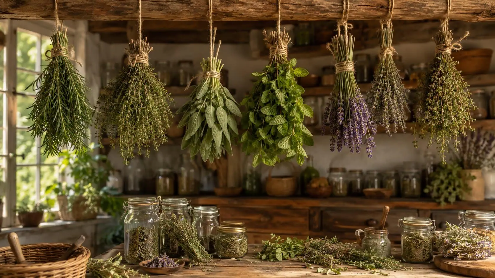 Herbs hanging to dry in a rustic kitchen for herbal preservation.