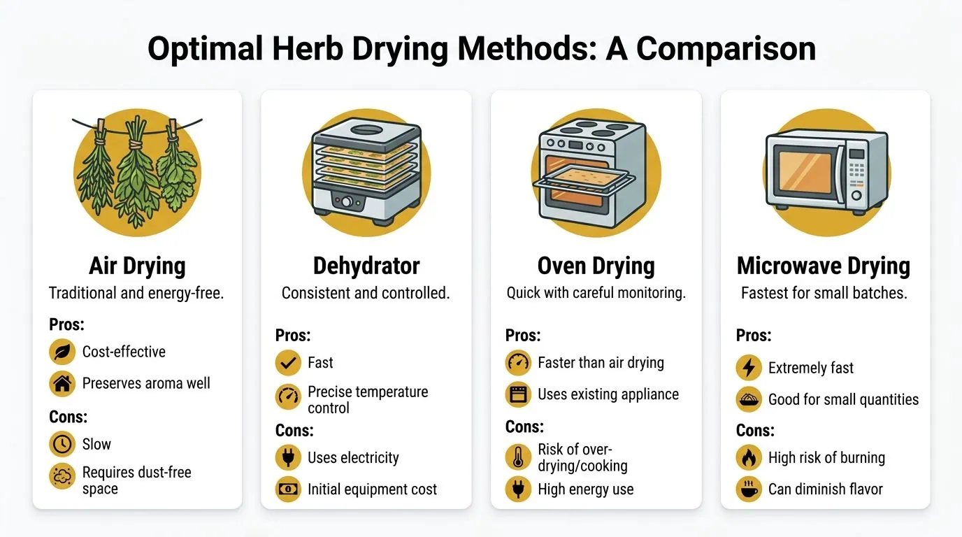 A comparison chart showing four common methods for drying herbs at home including air, dehydrator, oven, and microwave.