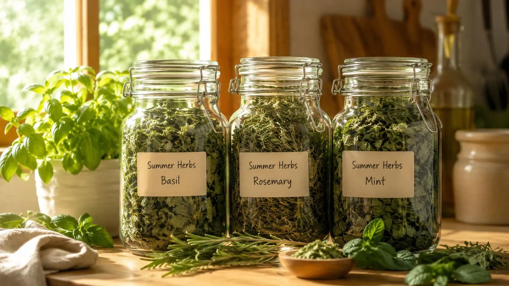 Three glass jars labeled with basil, rosemary, and mint placed on a sunlit wooden kitchen counter.