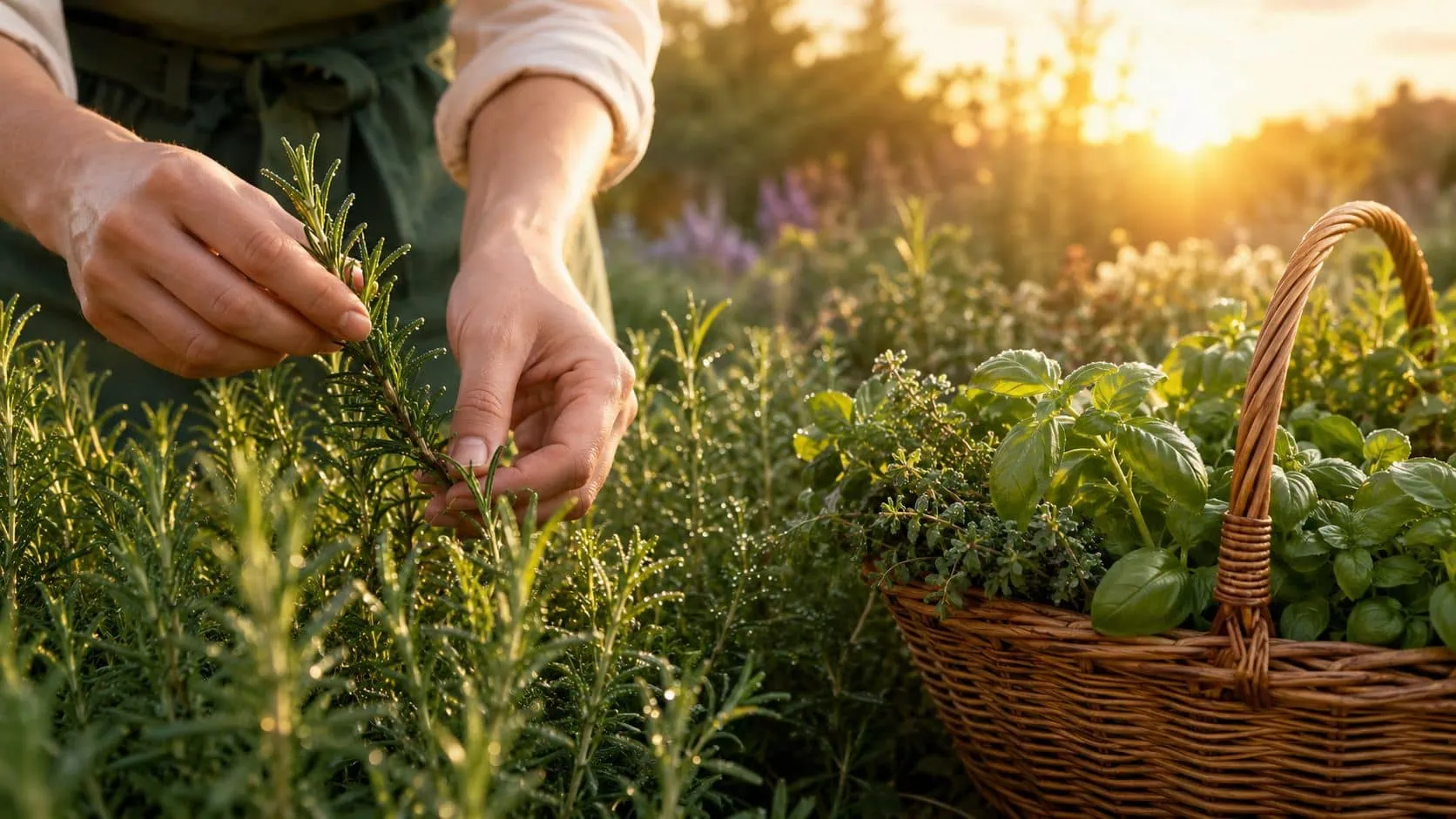 A gardener carefully harvests fresh rosemary sprigs at sunset near a woven basket filled with garden herbs.