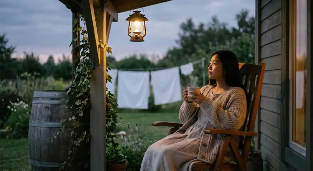 Person resting on a porch at dusk lit by an oil lantern during off-grid living, laundry drying on a line behind them.