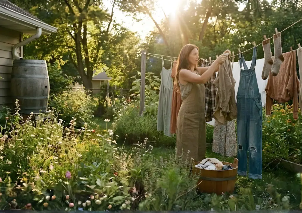 Person hanging laundry on a clothesline beside a rain barrel, an example of off-grid living in a cottage garden at golden hour.